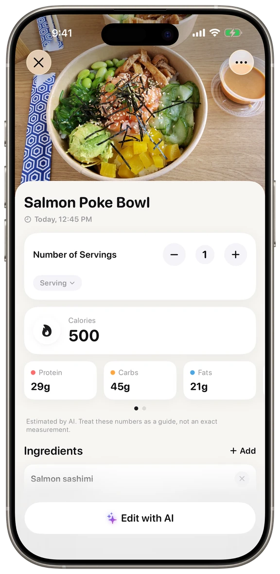 FitBeyond AI on iPhone: a photographed salmon poke bowl logged as 500 calories with 29 g protein, 45 g carbs and 21 g fat.